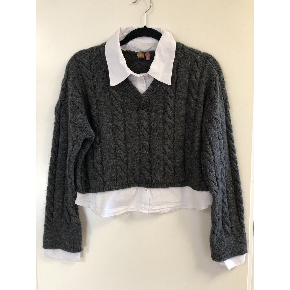 Anthropologie Pilcro Cropped Cable-Knit Twofer Sweater Gray White Sz Medium - Picture 6 of 12